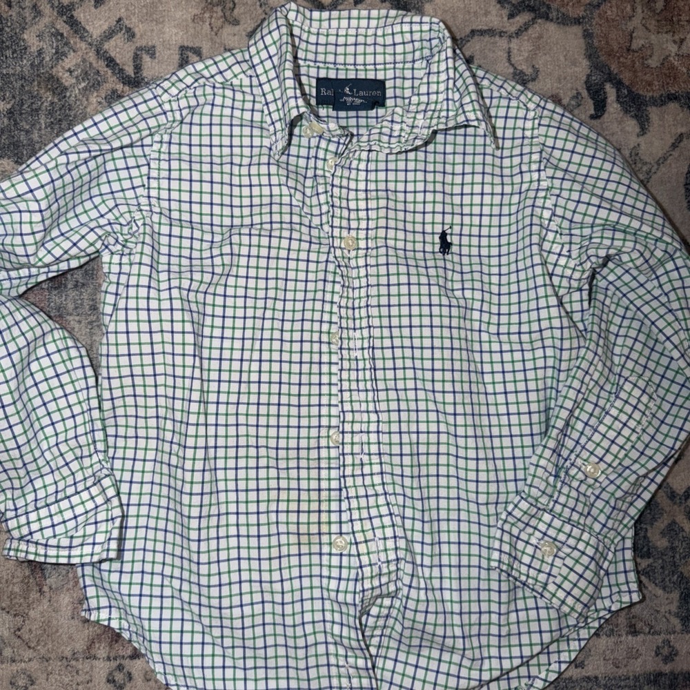 Ralph Lauren Green White Blue Gingham Button-Up Shirt 4T Long Sleeve Spring